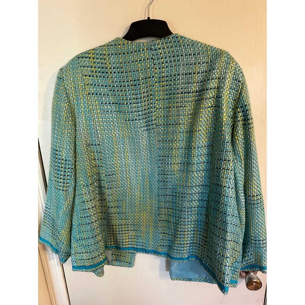 Maggie Barnes Petite‎ 22WP Tweed Open Front Jacket Turquoise Yellow Mermaidcote - Picture 9 of 12